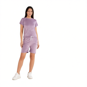 Completo Tuta Sportiva Casual da Donna Lavanda, Maniche Corte, Girocollo, Tinta Unita, Pantaloncini con Coulisse, Traspirante in Poliestere, Ideale per l'Estate - Product Image 1