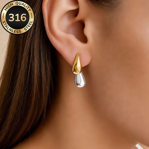 Boucles d'oreilles en acier inoxydable au design original, style goutte d'eau, pour femmes, couleur contrastée or et argent, style français, luxe léger - Product Image 2