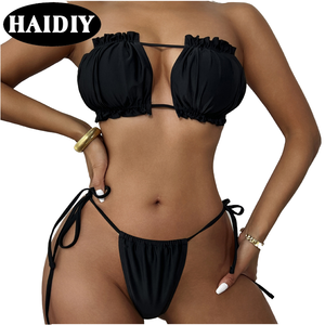 جديد: طقم بيكيني نسائي مثير بلون واحد، بتصميم مكشوف الأكتاف ورافع للصدر وبدون ظهر، من قطعتين، ملابس شاطئ، بتصميم رباط مخصص ومجعد - Product Image 1