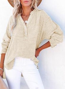 Blus Lipit Musim Semi dan Gugur untuk Wanita, Warna Solid, Kemeja Kasual Longgar, Blus Kancing Polos, Atasan V-neck - Product Image 6