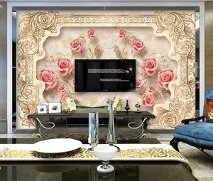 Lüks oturma odası 3d duvar kağıdı mermer duvar resmi kabartmalı gül çiçekli duvar kağıdı