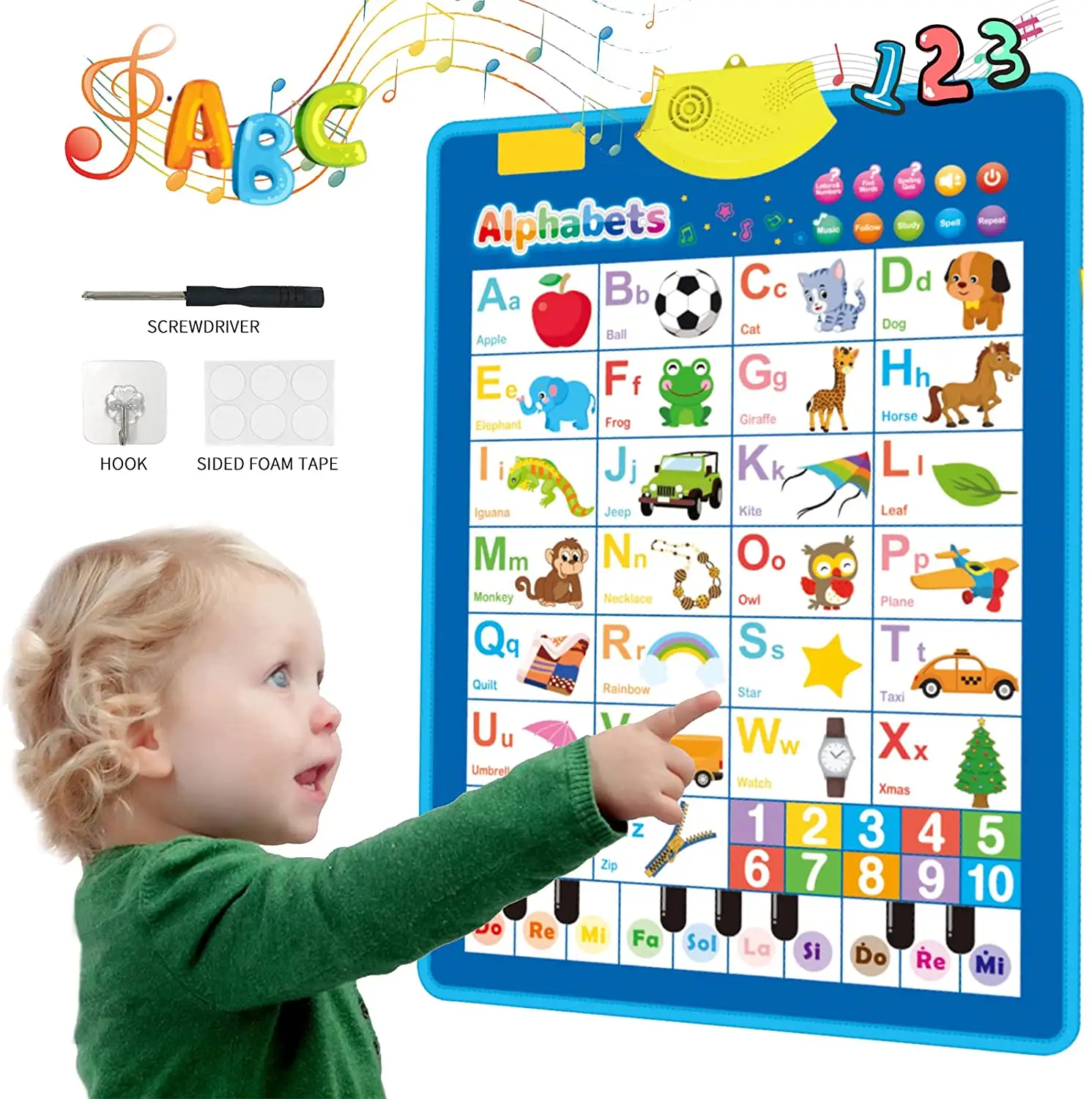 Electronic Interactive Alphabet Wall Chart, Talking ABC & 123 & Music Poster, Best Educational Toy for Toddler. Kids Fun