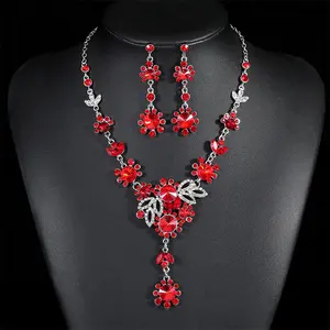 Оптовая продажа, винтажное свадебное роскошное красивое ожерелье с цветами и листьями красного цвета, серьги, индийские комплекты ювелирных изделий для женщин