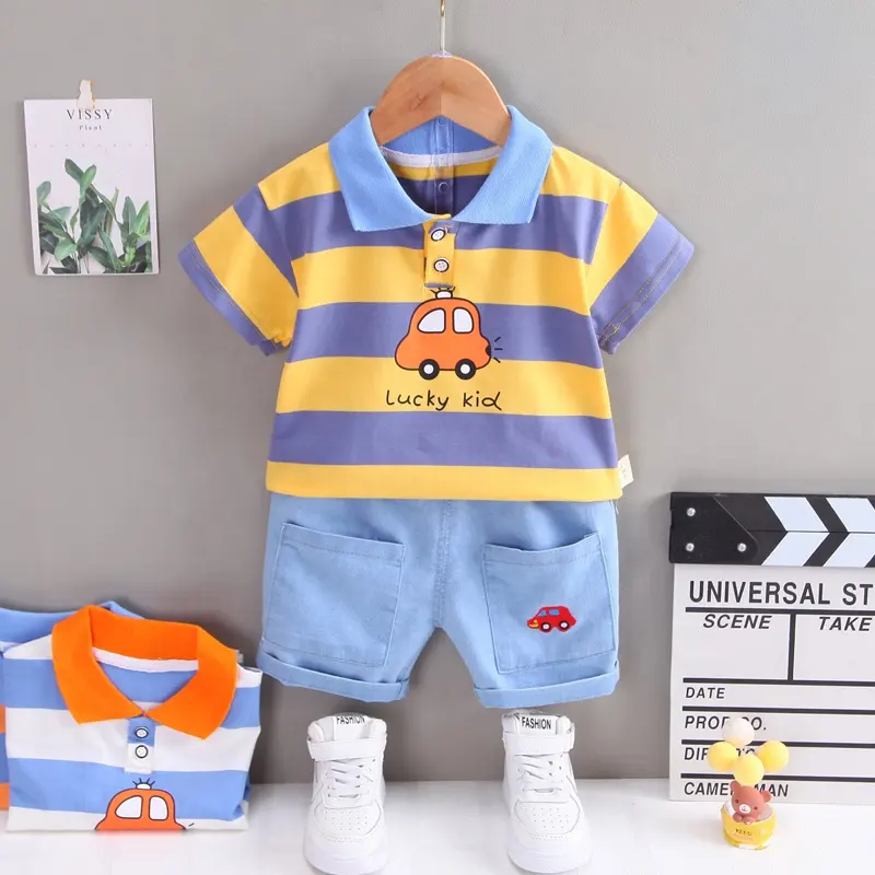 2023 Toddler Kids Clothes Summer Fashion Cotton Stripe Cartoon Car Short Sleeve Infant Outfit Wear Casual Baby Boy Shorts Set