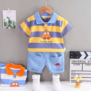 2023 Toddler Kids Clothes Summer Fashion Cotton Stripe Cartoon Car Short Sleeve Infant Outfit Wear Casual Baby Boy Shorts Set