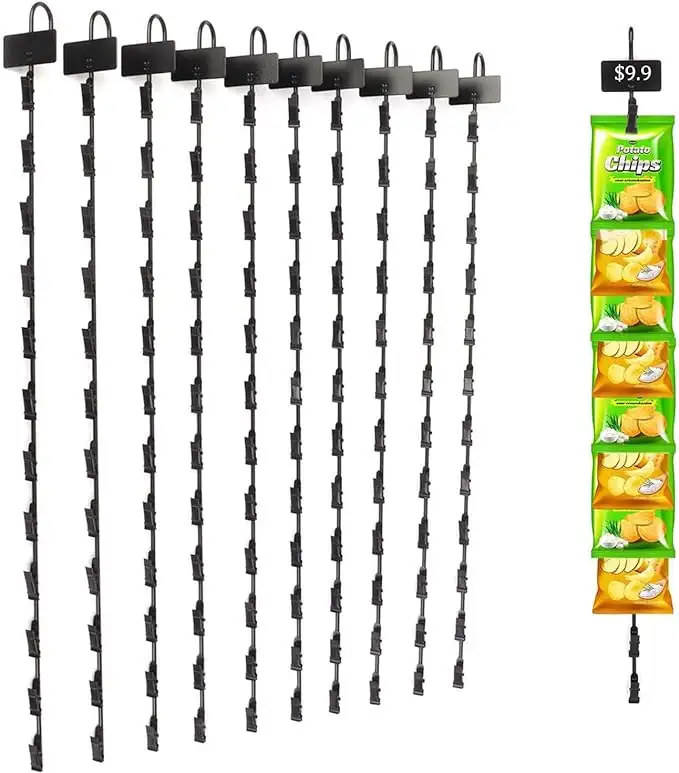 Supermercado pendurado plástico metal fio batata metal clipe tiras coloca rack de exibição de batatas fritas
