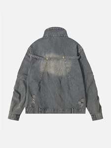 Veste en jean vintage délavée pour homme, bleu délavé, style streetwear décontracté avec poches, logo personnalisé OEM - Product Image 2