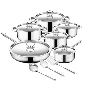 Grosir Pabrik 15 buah <span class=keywords><strong>Set</strong></span> panci peralatan masak anti lengket baja tahan karat tebal dengan bahan logam kapsulasi - Product Image 1