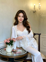 Ensemble de vêtements d'intérieur trois pièces en satin pour femme, style français, motif floral cerf, avec soutien-gorge sexy à bretelles et pantalon d'automne