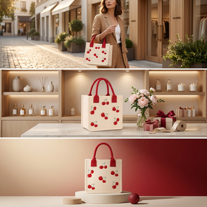 Cherry Embroidered Cotton Tote <b>Bag</b> Rope Handle Zipper Student Messenger <b>Bag</b> for <b>School</b> Travel Daily Use - Product Image 4