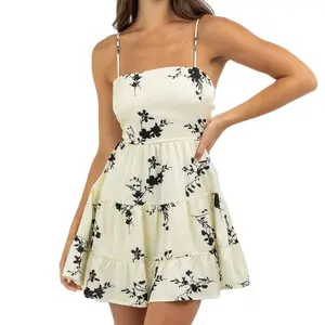 Custom Trend Fit And Flare Negro Tie Backless Slip Mujeres Casual Imprimir Vestidos florales