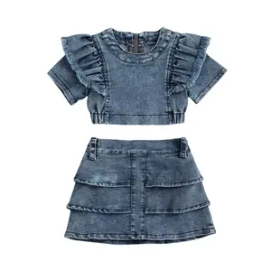 Summer 2021 Girls Short Sleeve Solid Zipper Ruffles Blouse Pleated Layered Fashion Denim Skirt 2PCS Kids Clothing Sets