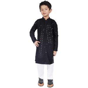 Ensemble de kurta classique pour garçons en rayonne noire |   Tenue traditionnelle pakistanaise à manches longues pour enfants, style ethnique, pour mariage et festivals, coupe classique - Product Image 2