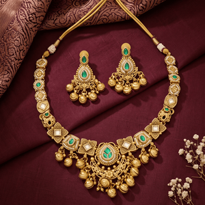 Brass Antique Gold Plated Rope <b>Chain</b> Green Stones Pendant Necklace Set Matching Earrings for Women Traditional Wedding Fashion - Product Image 4