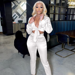 Set di Moda Autunnale con <span class=keywords><strong>Top</strong></span> Annodato in <span class=keywords><strong>Raso</strong></span> e Pantaloni, Completo da 2 Pezzi per <span class=keywords><strong>Donna</strong></span>, Tuta da Casa - Product Image 3