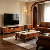 Ensemble de meubles de salon en bois massif sculpté à la main, style rétro européen, avec table basse et meuble TV à plateau en marbre, vente en gros