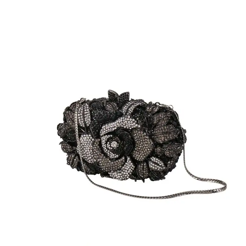 LEB1158 סיטונאי נשים פרח ריינסטון מצמד תיק שחור blinged גביש שקיות ערב