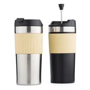 12 oz Stainless Steel Coffee Mug Portable Design Travel French Press with Silicone Sleeve for Outdoor