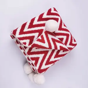 Factory price 100% polyester red and white knitted blankets with pom for autumn and winter season
