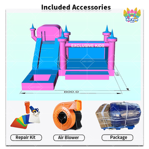 Château gonflable avec souffleur, pour fêtes, usage commercial, extérieur, sec ou humide, rose et bleu, avec toboggans - Product Image 2
