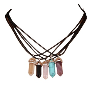 Colliers pendentifs anniversaire à chaîne en cuir avec pierre naturelle hexagonale à deux pointes, tendance et colorés, vente chaude 2019 - Product Image 1
