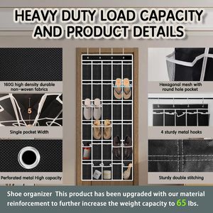 Over The Door <b>Shoe</b> Organizer 30 Pockets Breathable Mesh Hanging Storage For Men Women Black Closet Rack With Stainless Steel - Product Image 2