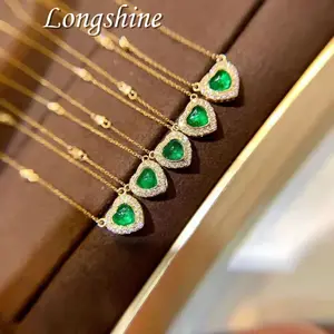 Natural Green Gemstone Emerald Jewelry Shining Diamond Heart Shape Necklace 18K Gold Chain Choker For Women