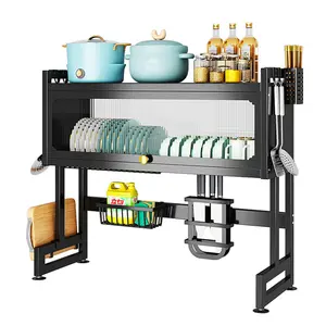 2 Tiers Multifunctional Kitchen Storage Rack Foldable Dish Drainer Board With Glass Cup Holder Steel Dish Rack