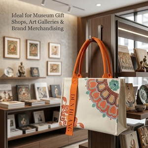 Sac fourre-tout en toile imprimé ethnique rétro, sac à main souvenir de musée d'<span class=keywords><strong>art</strong></span> avec logo personnalisé, sac de shopping confortable à poignée ronde et ruban - Product Image 2