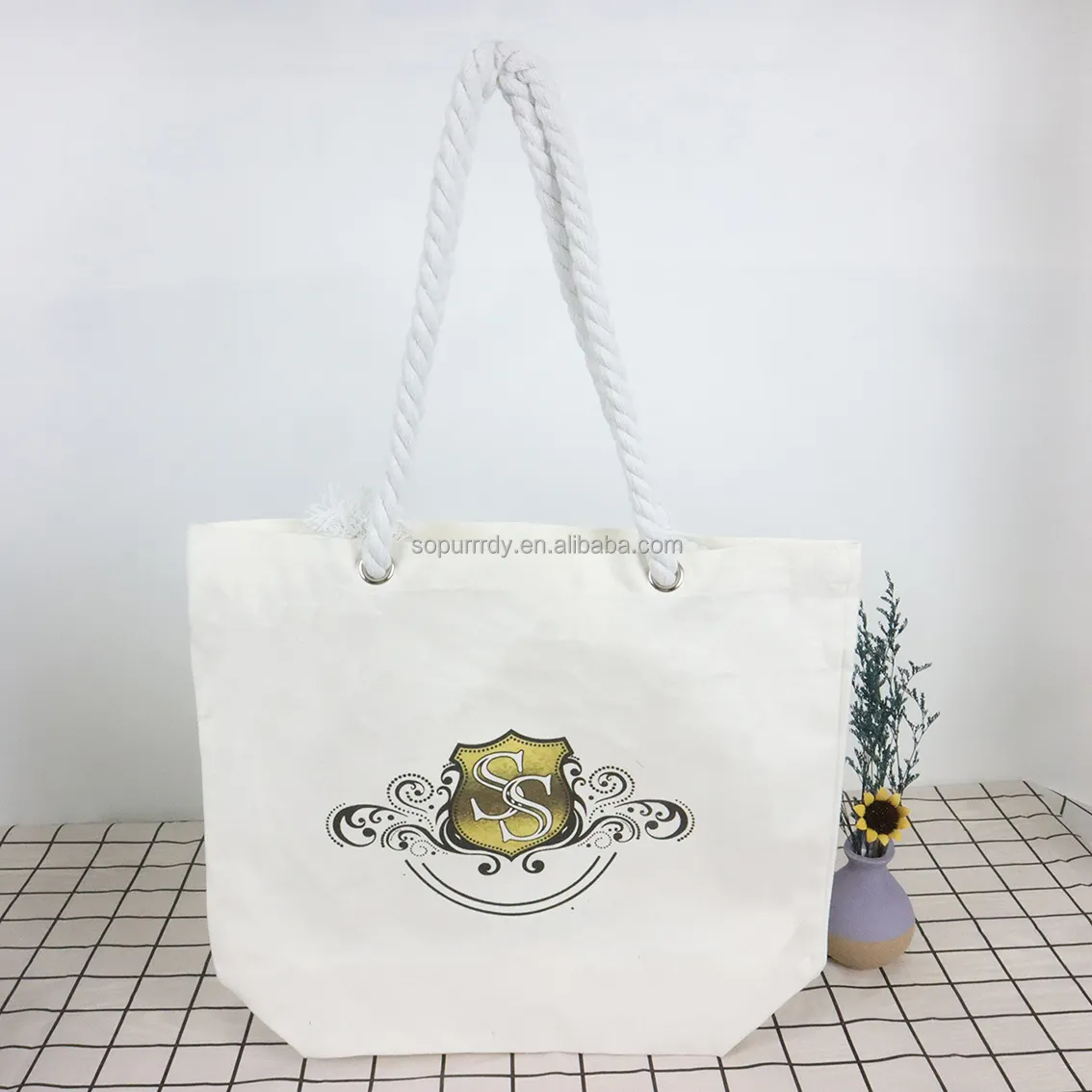 Omen's-Bolso de mano blanco de lona resistente para playa, bolsa de mano de algodón con asa de cuerda, personalizable con pantalla a todo color con logotipo impreso