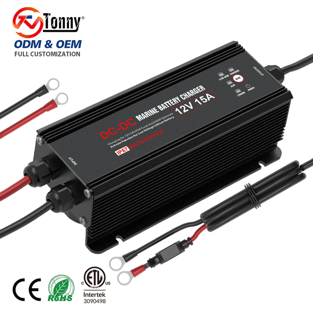 12V 15A DC to DC Charger Fast Charging with Battery Connector 14.6V LiFePO4 for Lithium Battery of Trolling Motor Marine Boat RV