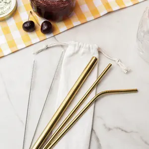 Portable Eco Drinking Metal Straw Set With Logo Cocktail Printing Pouch Bag And Cleaning Brush For Bar Accessories
