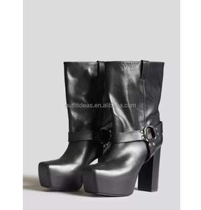 スクエアトゥユニセックス女性用プラットフォームブロックヒールミッドカーフグレインレザーブーツブラック高級13ブラックシドヒールハーネスアンクルブーツ - Product Image 2