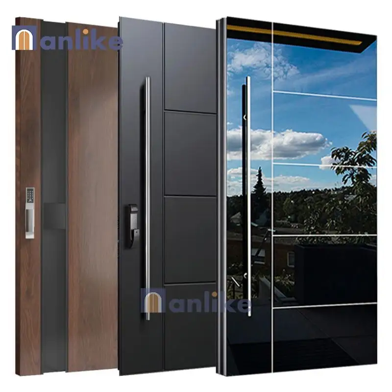 Puerta de aluminio de entrada de diseño de lujo italiano, puerta de pivote frontal de seguridad Exterior, entrada moderna, puerta de pivote de acero inoxidable negro