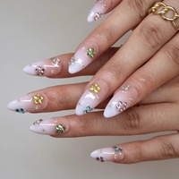Kuku Palsu Mini Bunga Bergradasi Pink Nude dengan Kristal Warna-warni, Akrilik Buatan Tangan Bentuk Almond, Ujung Prancis