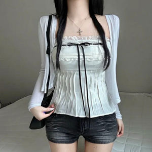 Wholesale Spring Summer Women Strapless Tube <b>Top</b> Lace Bow <b>Tie</b> <b>Waist</b> Slim Fit Sweet Girl Style - Product Image 2
