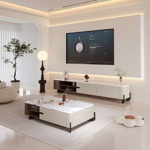 Set di <span class=keywords><strong>Tavolino</strong></span> da Caffè Rettangolare <span class=keywords><strong>Basso</strong></span> e Mobile <span class=keywords><strong>TV</strong></span> in Legno con Piano in Marmo di Lusso Moderno per Soggiorno e Camera da Letto con Cassetti, Design Unico - Product Image 2