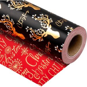 กระดาษห่อของขวัญคริสต์มาสแบบกลับด้านได้ ขนาด 17 นิ้ว x 33 ฟุต ลายกวางสีดำทอง สำหรับห่อของขวัญและงานฝีมือ - Product Image 1