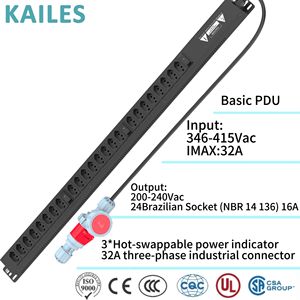 מטען חשמלי בסיסי (PDU) מסדרת KAILES(KLS) K22, 32 אמפר, 3 פאזות, מתח AC 346-415VAC, 24 שקעים ברזילאים + 3 נורות חיווי חשמל מתחלפות, שחור - Product Image 1