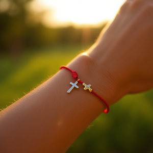 Braccialetto Ilan con 7 nodi, cordoncino rosso e ciondolo a croce color argento e oro - Product Image 3