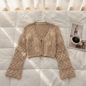 HANO Cardigan en tricot pour femme, couleur kaki, à lacets sur le devant, manches longues, col en V, à œillets, style décontracté et tendance, collection automne - Product Image 3