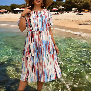 เดรสลำลองไซส์ใหญ่สำหรับฤดูร้อน เอวธรรมชาติ ทรงหลวม ทรงเอ แขนสั้น ผ้าระบายอากาศดี ลายทางสีตัดต่อ มีกระเป๋า - Product Image 2