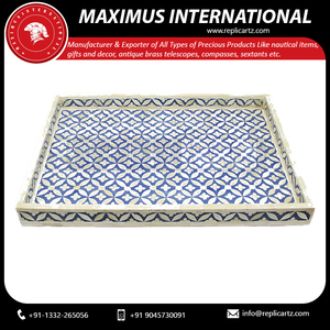 Premium Blue Bone Inlay Art Deco Multi-functional Serving Tray Decorative Ottoman <b>Coffee</b> <b>Table</b> Wooden Display Platter Decor - Product Image 3