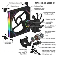 Ventilador de PC Negro de 120 mm con Rodamiento Hidráulico de 9 Aspas, Almohadillas de Silicona en las Esquinas, Mini Conector de 4 Pines de Doble Cabezal + Cables ARGB de Doble Cabezal