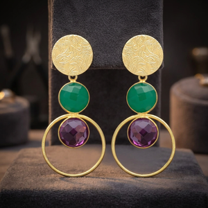 Matte Gold Textured Disc Drop <b>Earrings</b> Aquamarine <b>Silver</b> 18K Gold Plated Ethnic Jaipur Women's Unisex Gemstone <b>Earrings</b> - Product Image 2