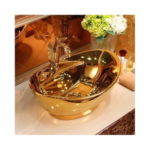 Lavabo de salle de bains en plaqué or, 1 pièce, style européen de luxe, pour hôtel maison, en céramique - Product Image 1