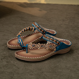 Elegant PU Upper Flat <b>Sandals</b> Bead Decoration Open Toe Slip-On Summer Shoes Breathable Rubber Outsole Light Weight Anti-Slip - Product Image 1