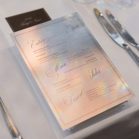 Cartes de menu de mariage très demandées, motif personnalisé, forme rectangulaire, papier artistique holographique métallisé, lettrage en relief
