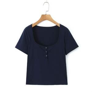 Camiseta de Manga Corta para Mujer Talla Grande N8845, Color Azul Marino Sólido, Tejido de Algodón con Botones, Estilo BM - Product Image 1