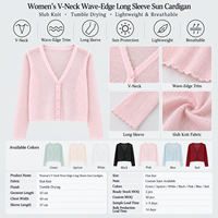 Cardigan en tricot pour femme, col en V, bord ondulé, style jeune, manches longues, protection solaire, couleur unie, boutons sur le devant, idéal pour l'été (OEM/ODM)